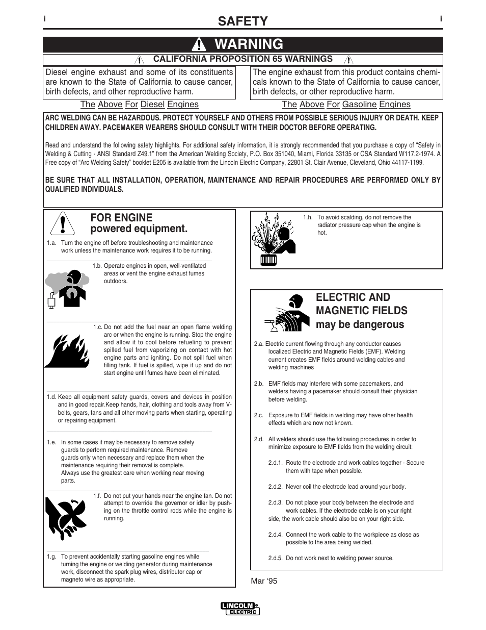 Warning, Safety, For engine powered equipment | Electric and magnetic fields may be dangerous | Lincoln Electric IM620 LN-25 User Manual | Page 2 / 40