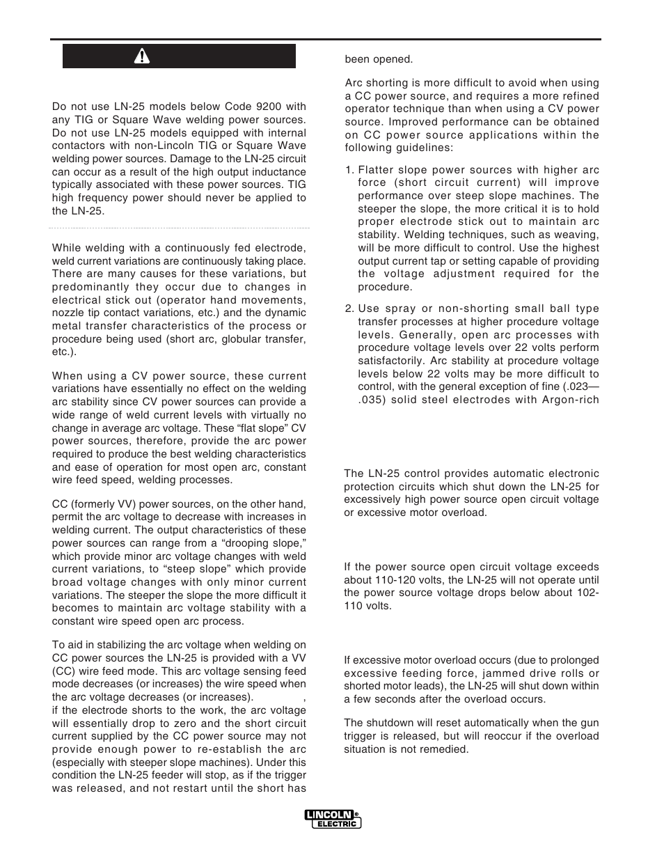 Operation, Caution automatic protection shutdown | Lincoln Electric IM620 LN-25 User Manual | Page 20 / 40