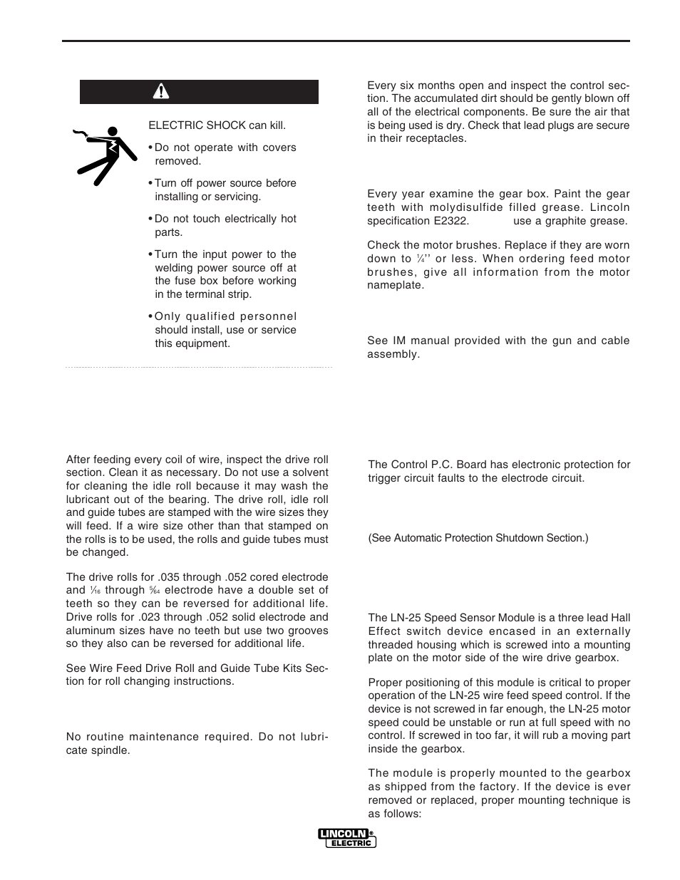 Maintenance, Circuit protection and automatic shutdown, Adjusting speed sensor module | Routine maintenance, Warning safety precautions | Lincoln Electric IM620 LN-25 User Manual | Page 27 / 40