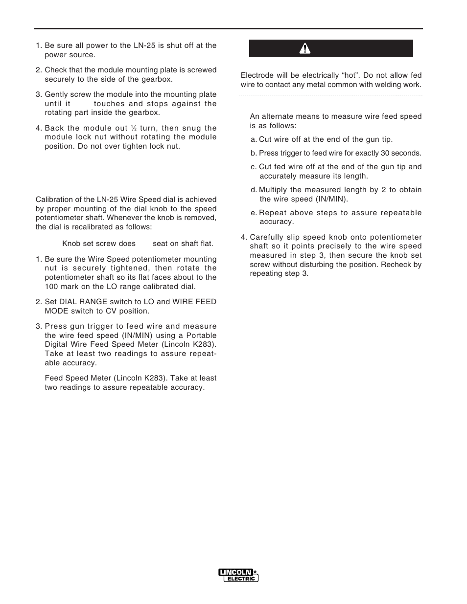 Maintenance, Calibration of ln-25 wire speed dial, Warning | Lincoln Electric IM620 LN-25 User Manual | Page 28 / 40