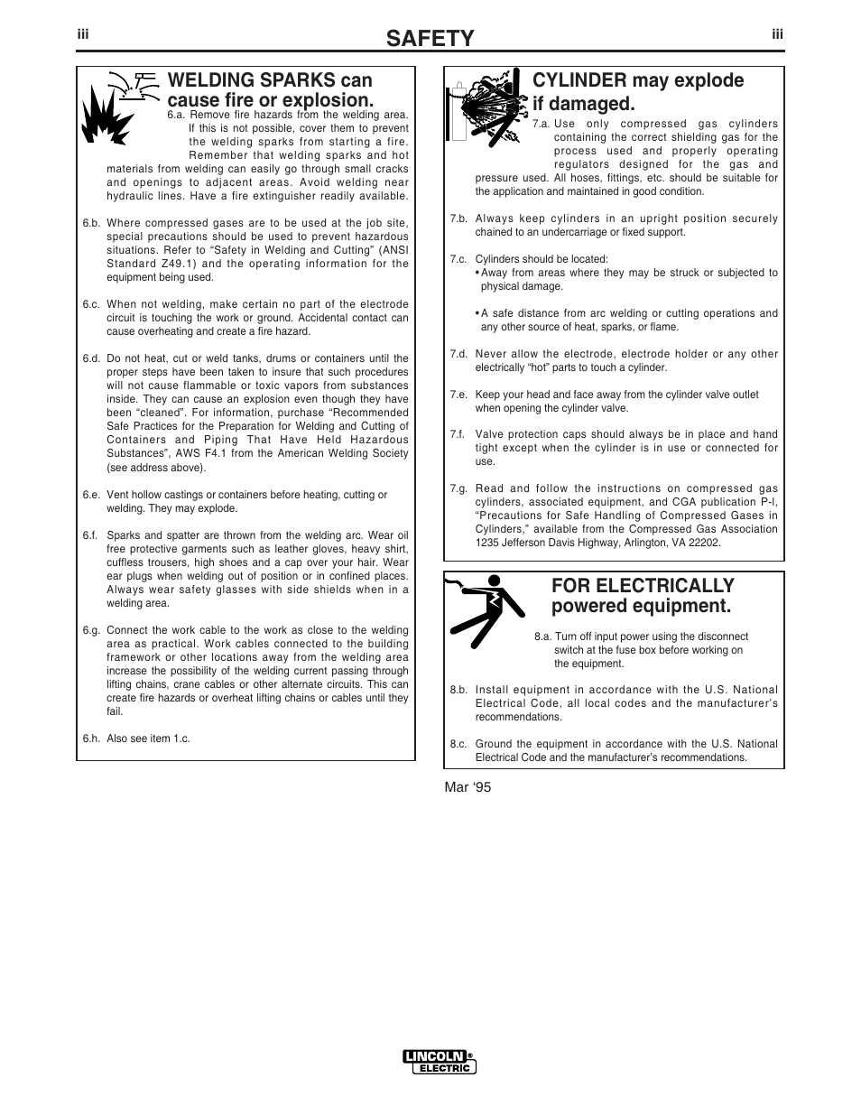 Safety, For electrically powered equipment, Cylinder may explode if damaged | Welding sparks can cause fire or explosion | Lincoln Electric IM620 LN-25 User Manual | Page 4 / 40