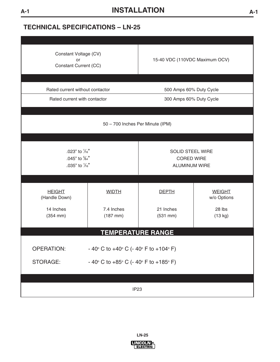 Installation, Temperature range, Technical specifications – ln-25 | Lincoln Electric IM620 LN-25 User Manual | Page 8 / 40