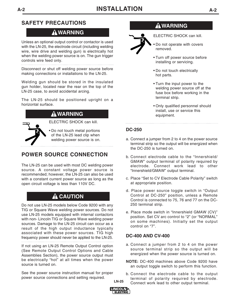 Installation, Safety precautions, Power source connection | Warning, Warning caution | Lincoln Electric IM620 LN-25 User Manual | Page 9 / 40