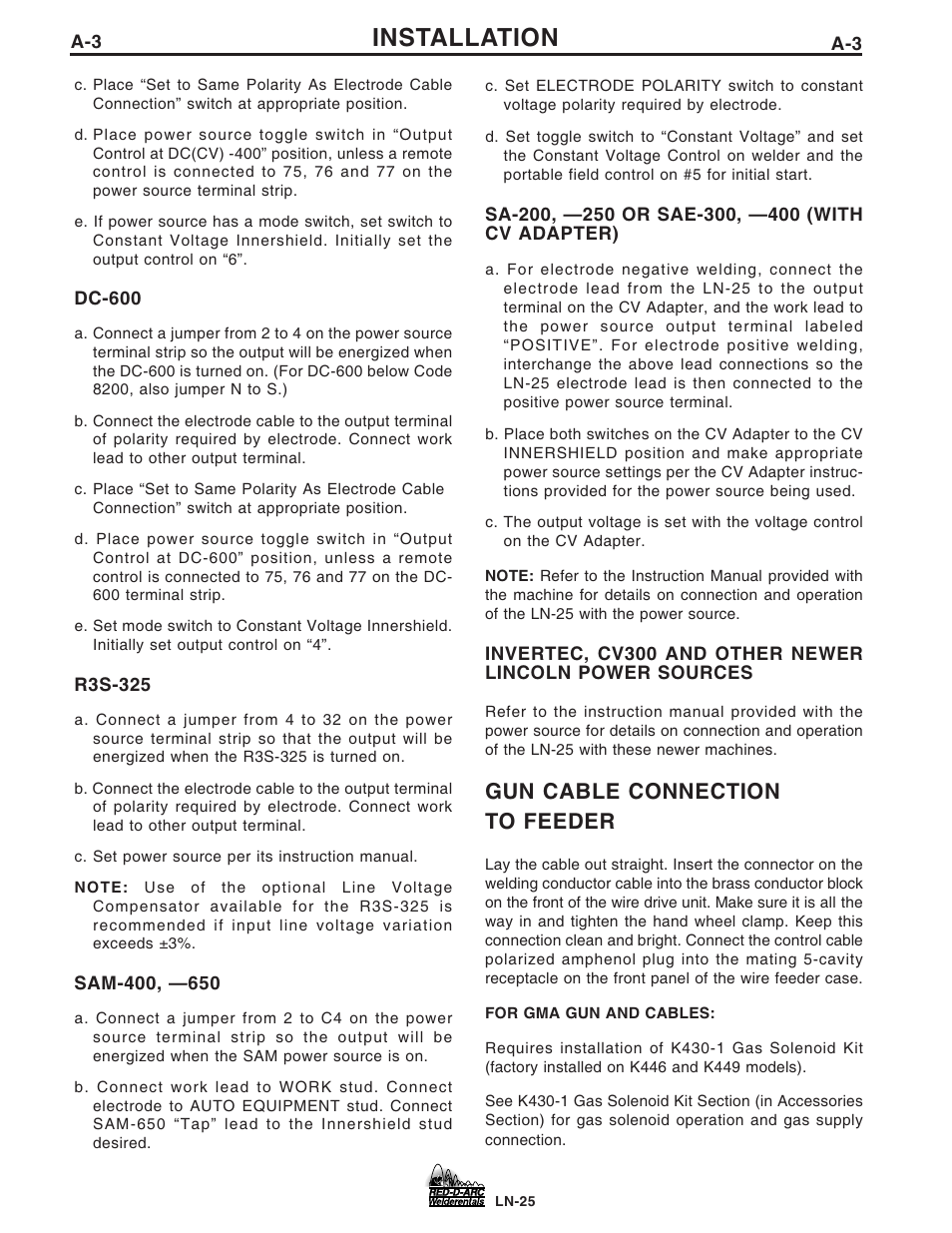 Installation, Gun cable connection to feeder | Lincoln Electric IM677 RED-D-ARC LN-25 User Manual | Page 10 / 34