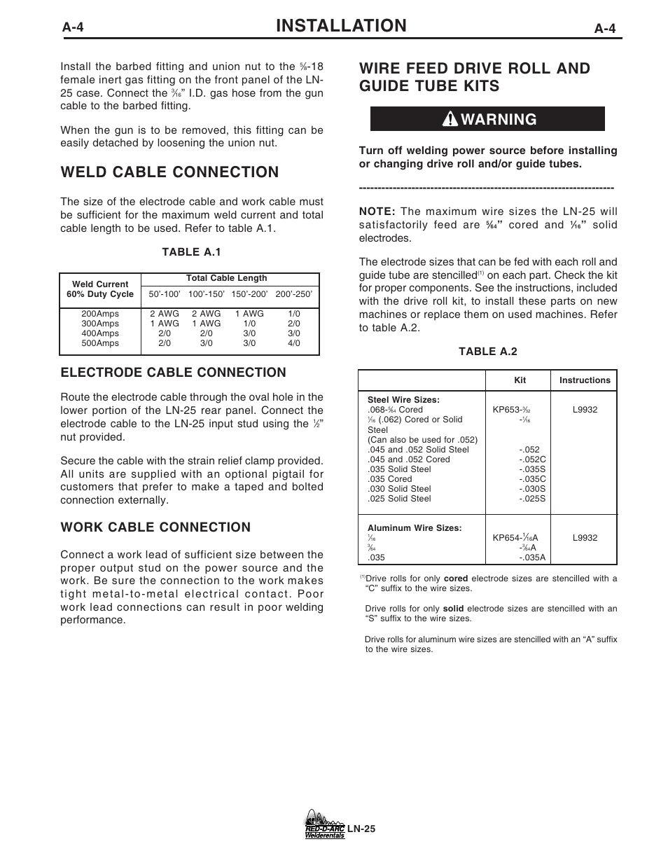 Installation, Weld cable connection, Wire feed drive roll and guide tube kits | Warning, Electrode cable connection, Work cable connection | Lincoln Electric IM677 RED-D-ARC LN-25 User Manual | Page 11 / 34