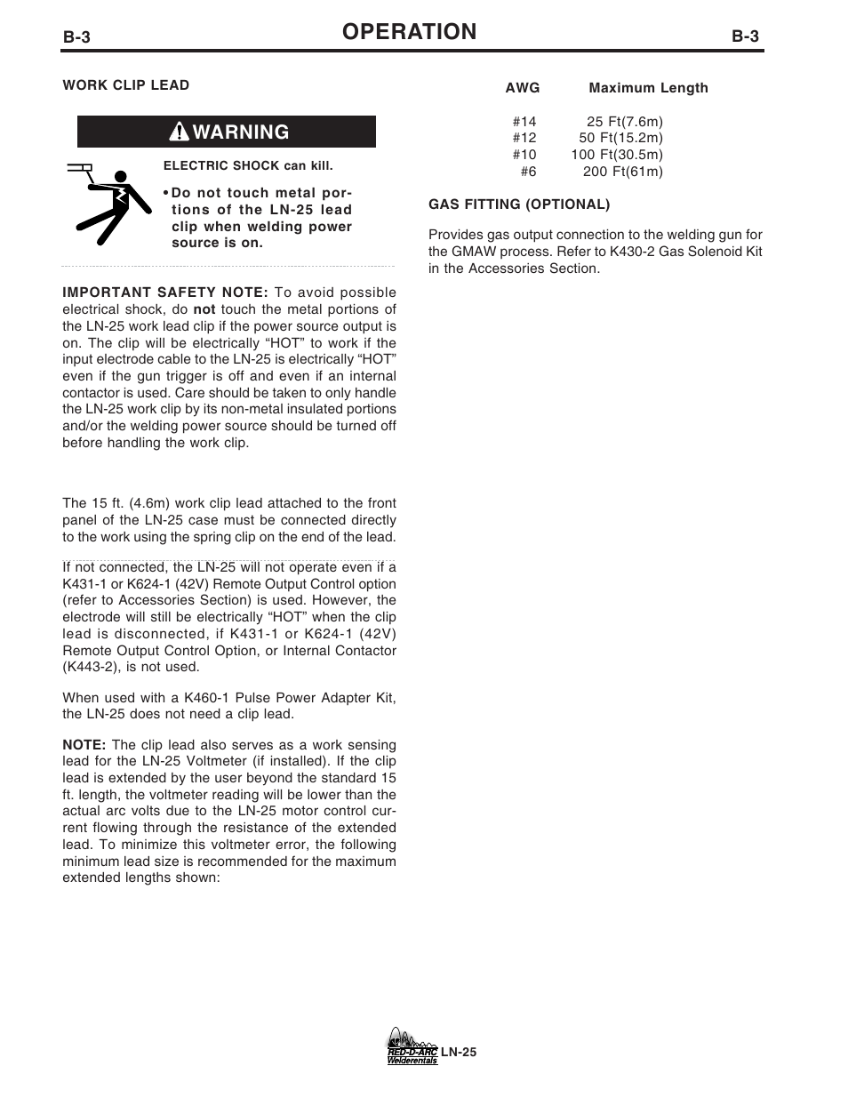 Operation, Warning | Lincoln Electric IM677 RED-D-ARC LN-25 User Manual | Page 14 / 34