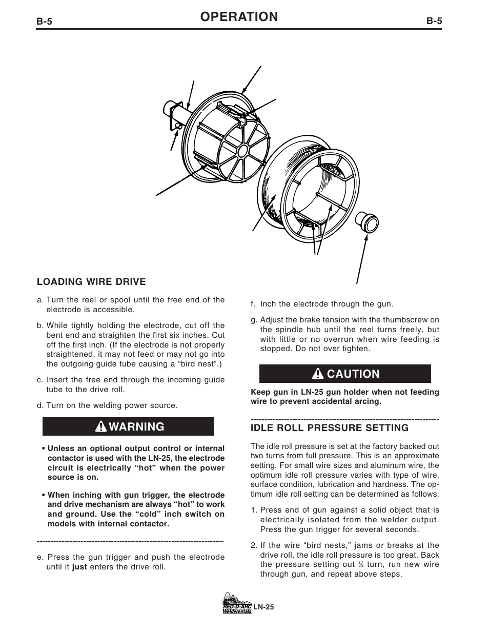 Operation, Warning caution | Lincoln Electric IM677 RED-D-ARC LN-25 User Manual | Page 16 / 34