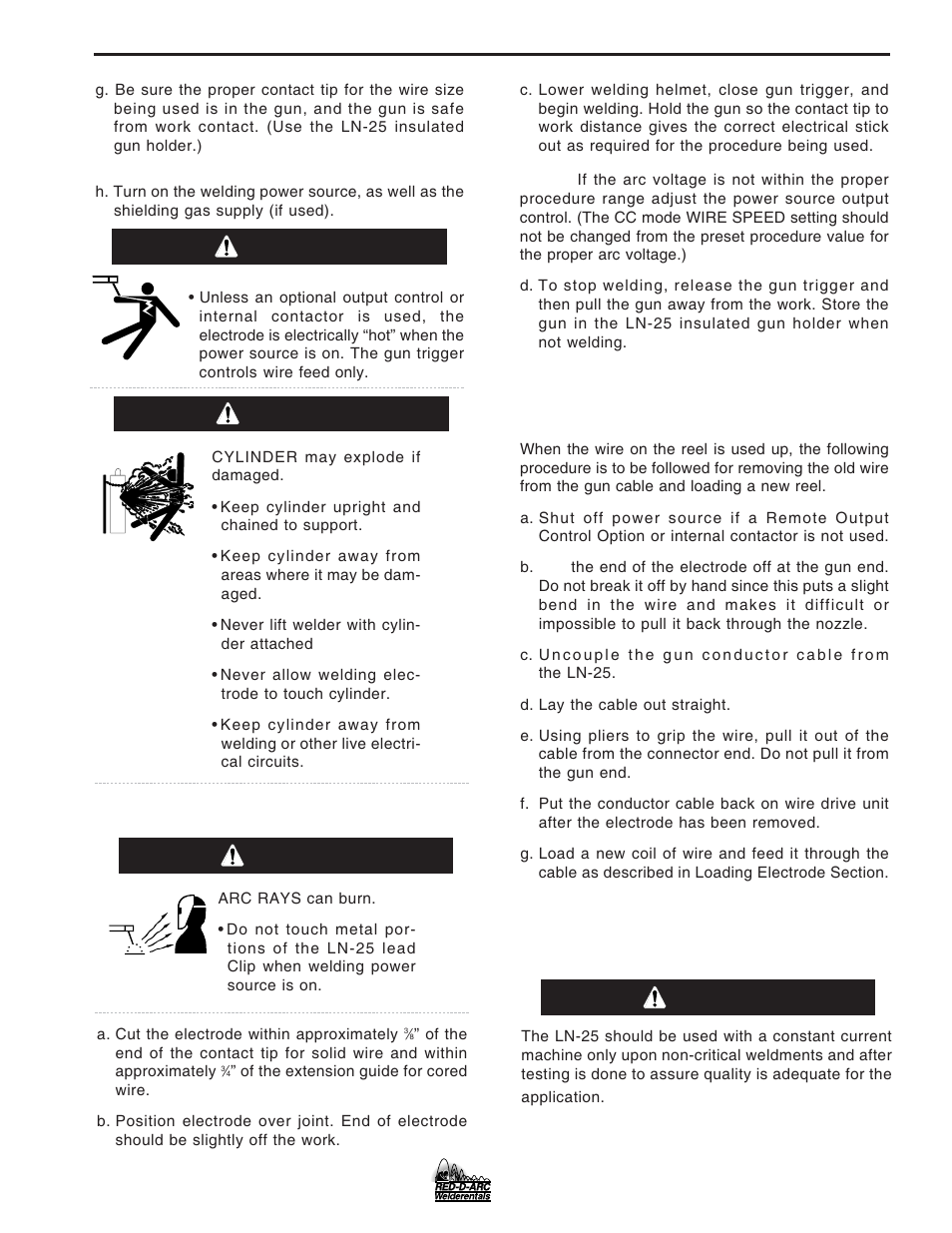Operation, Warning, Procedure at end of coil | Welding warning | Lincoln Electric IM677 RED-D-ARC LN-25 User Manual | Page 19 / 34