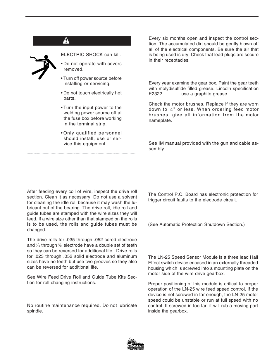 Maintenance, Circuit protection and automatic shutdown, Adjusting speed sensor module | Routine maintenance, Warning safety precautions | Lincoln Electric IM677 RED-D-ARC LN-25 User Manual | Page 23 / 34