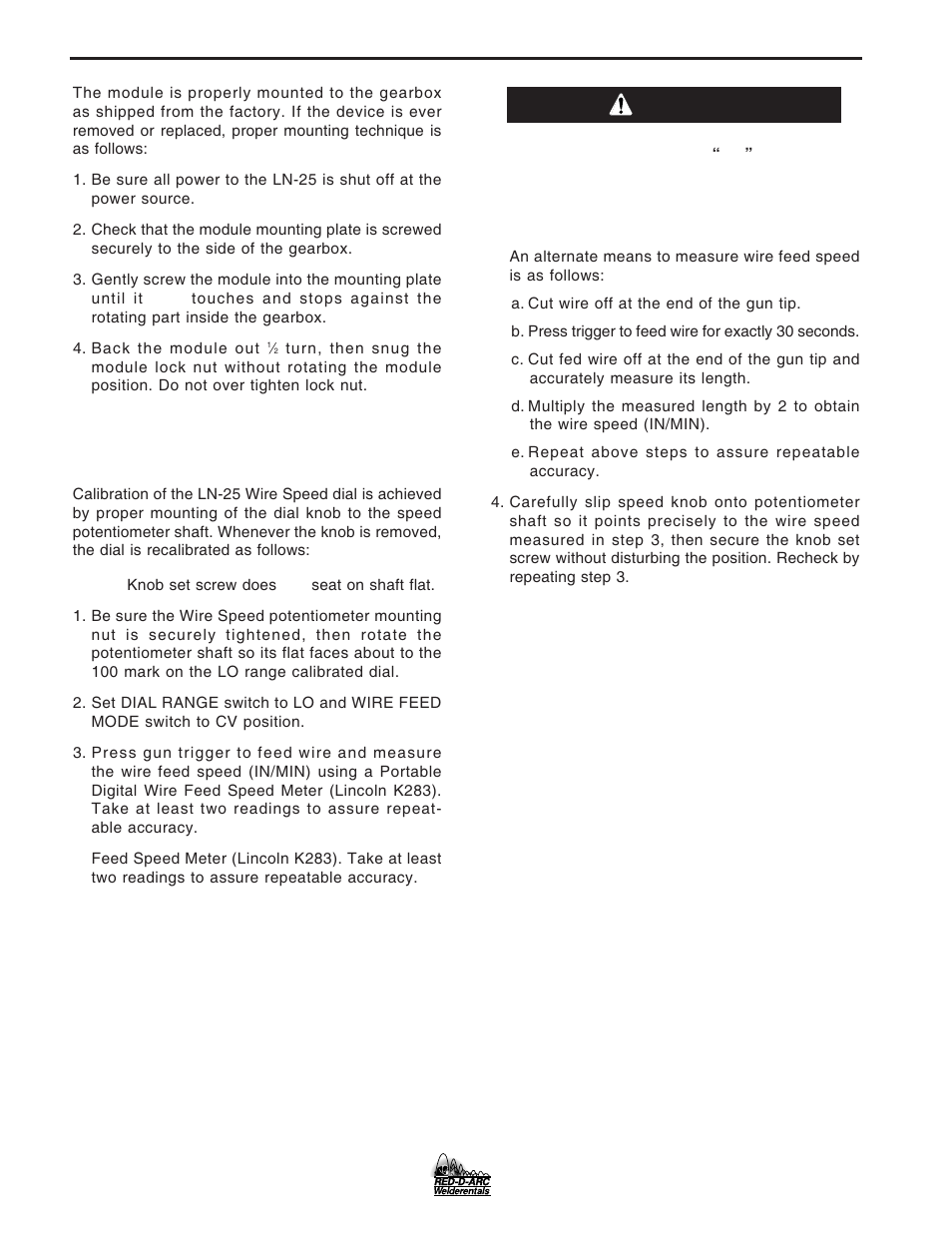 Maintenance, Calibration of ln-25 wire speed dial, Warning | Lincoln Electric IM677 RED-D-ARC LN-25 User Manual | Page 24 / 34