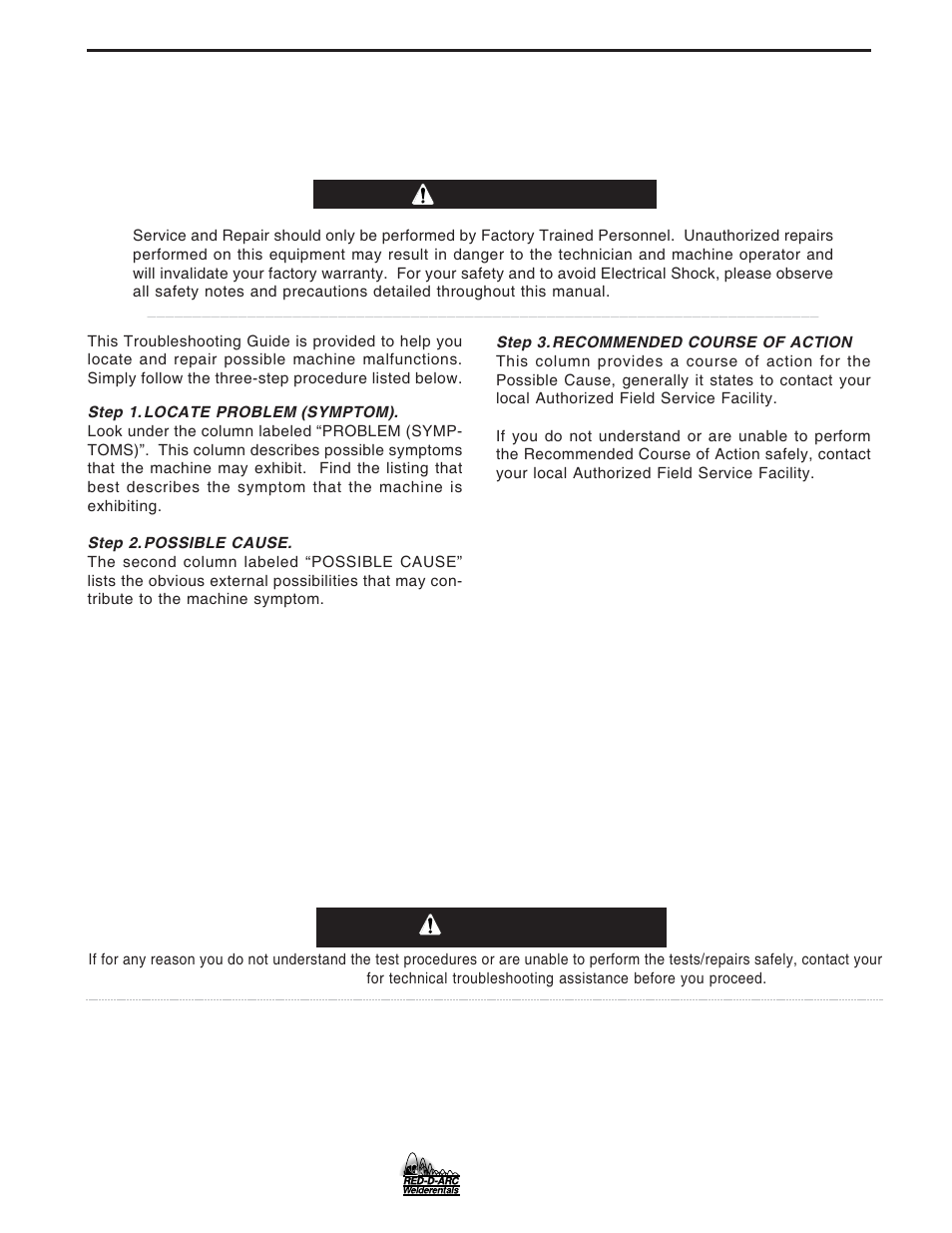 Troubleshooting, Caution, How to use troubleshooting guide | Warning | Lincoln Electric IM677 RED-D-ARC LN-25 User Manual | Page 25 / 34
