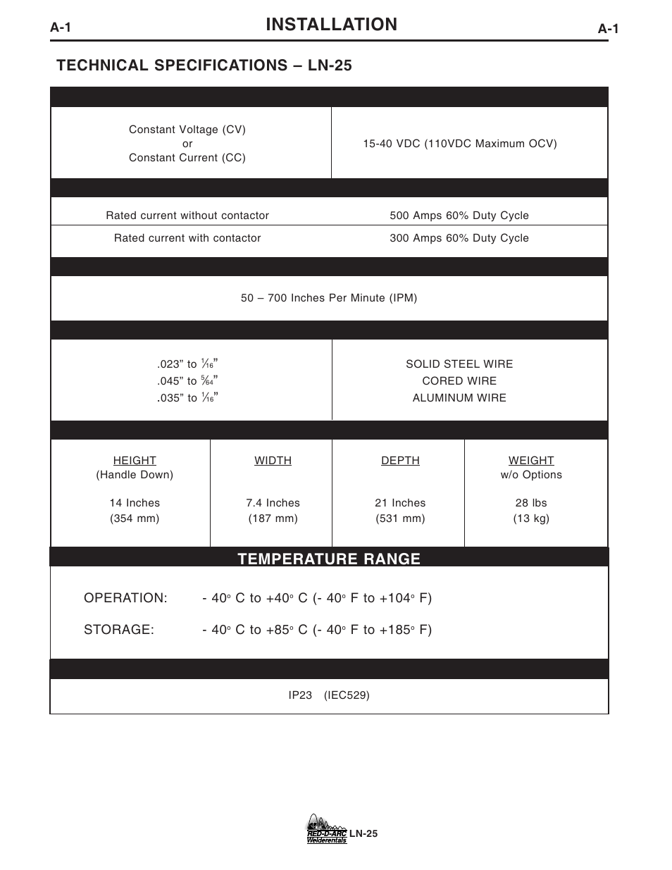 Installation, Temperature range, Technical specifications – ln-25 | Lincoln Electric IM677 RED-D-ARC LN-25 User Manual | Page 8 / 34