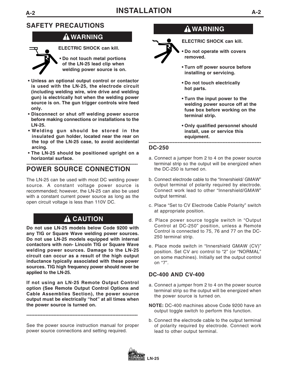 Installation, Safety precautions, Power source connection | Warning, Warning caution | Lincoln Electric IM677 RED-D-ARC LN-25 User Manual | Page 9 / 34