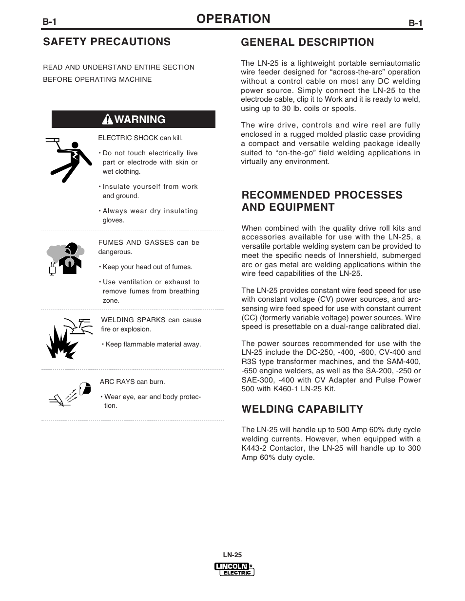 Operation, Warning general description, Recommended processes and equipment | Welding capability, Safety precautions | Lincoln Electric IM923 RED-D-ARC LN-25 User Manual | Page 12 / 38