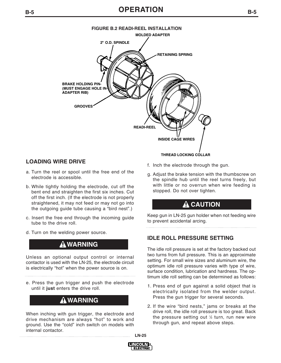 Operation, Warning, Warning caution | Lincoln Electric IM923 RED-D-ARC LN-25 User Manual | Page 16 / 38