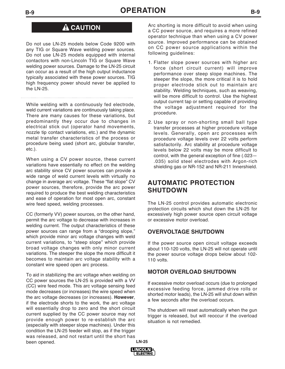 Operation, Caution automatic protection shutdown | Lincoln Electric IM923 RED-D-ARC LN-25 User Manual | Page 20 / 38