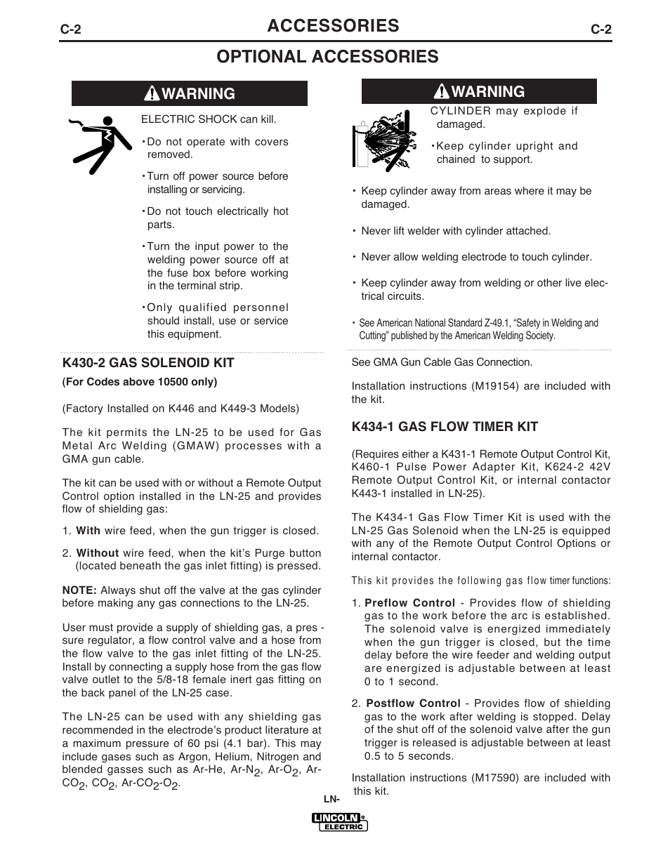 Optional accessories, Accessories, Warning | Lincoln Electric IM923 RED-D-ARC LN-25 User Manual | Page 22 / 38