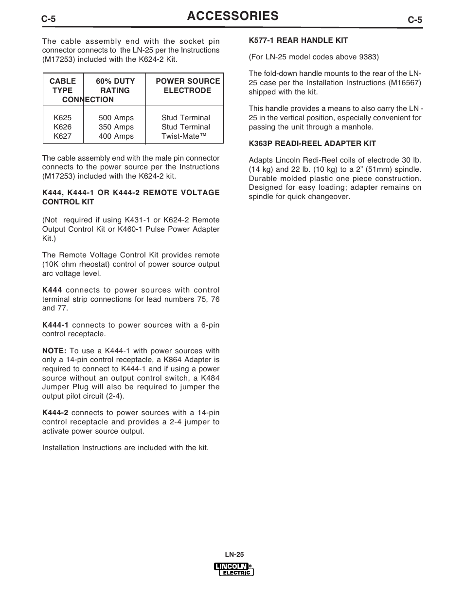 Accessories | Lincoln Electric IM923 RED-D-ARC LN-25 User Manual | Page 25 / 38