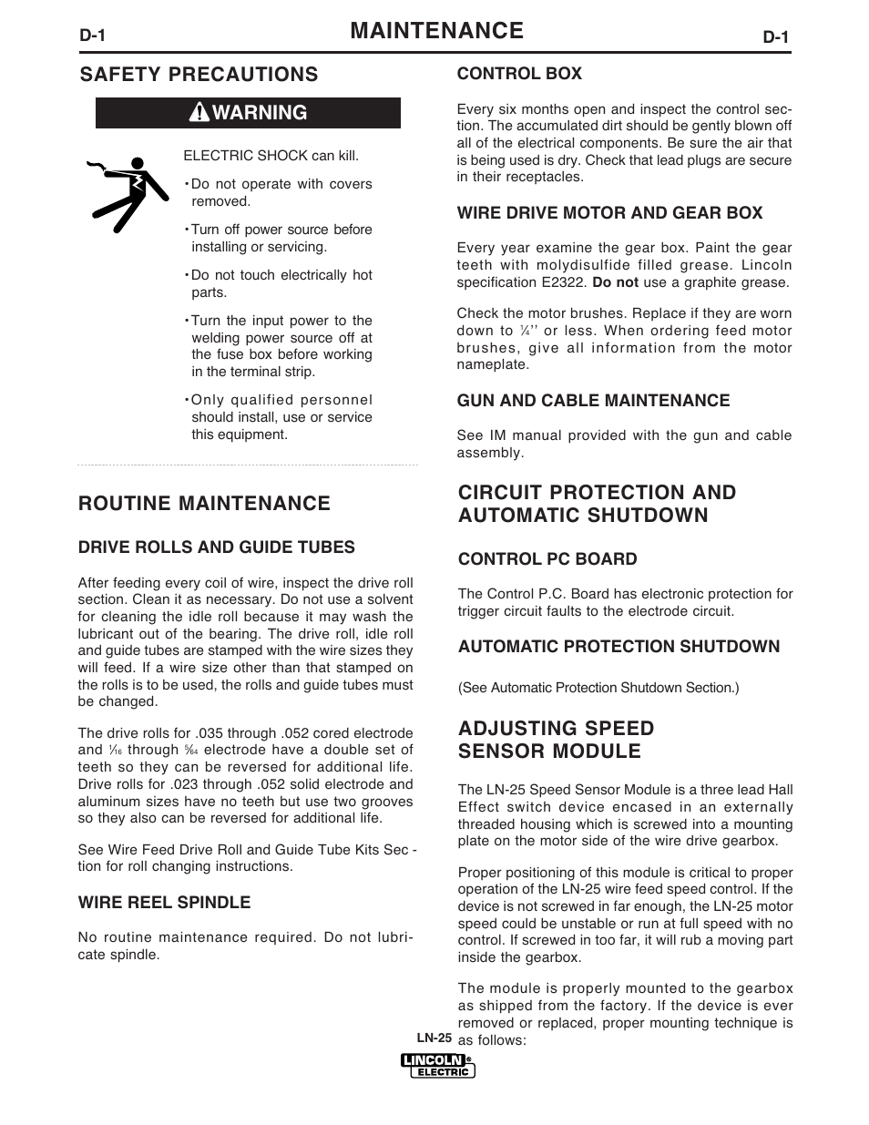 Maintenance, Circuit protection and automatic shutdown, Adjusting speed sensor module | Routine maintenance, Warning safety precautions | Lincoln Electric IM923 RED-D-ARC LN-25 User Manual | Page 27 / 38