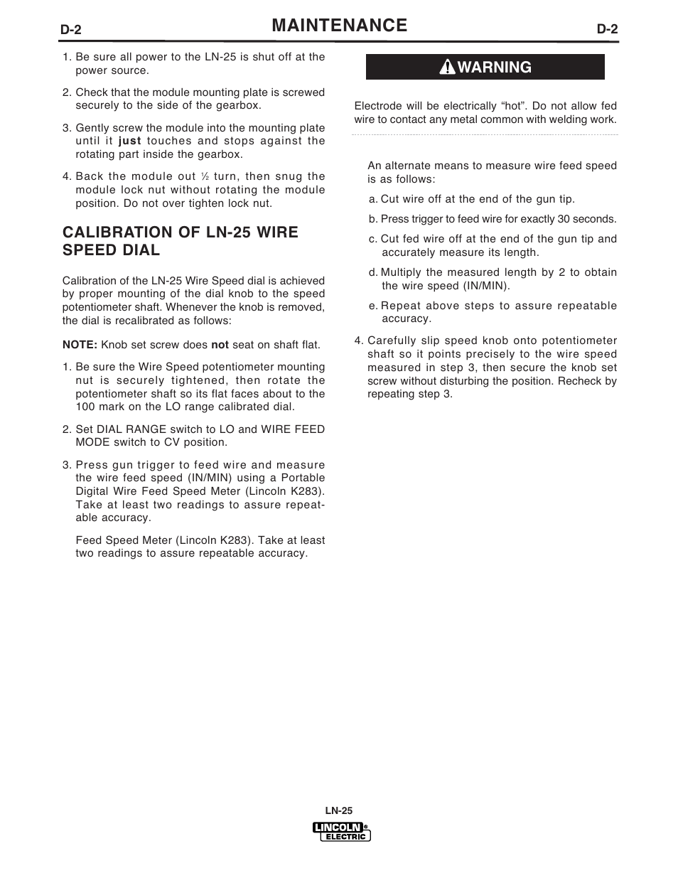 Maintenance, Calibration of ln-25 wire speed dial, Warning | Lincoln Electric IM923 RED-D-ARC LN-25 User Manual | Page 28 / 38