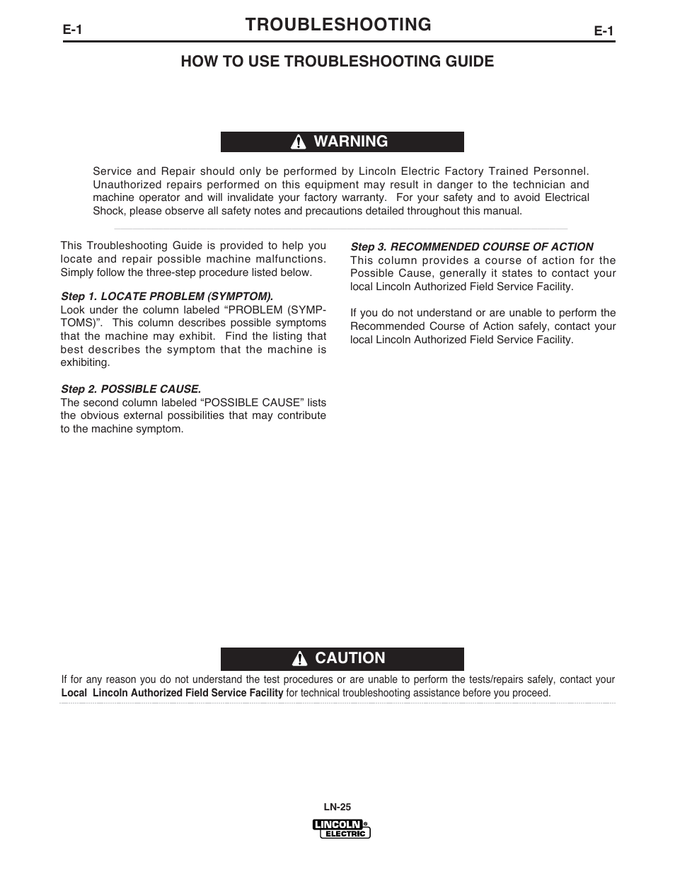 Troubleshooting, Caution, How to use troubleshooting guide | Warning | Lincoln Electric IM923 RED-D-ARC LN-25 User Manual | Page 29 / 38