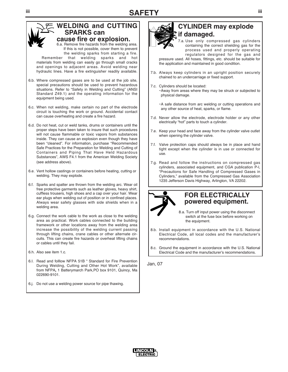 Safety, For electrically powered equipment, Cylinder may explode if damaged | Lincoln Electric IM923 RED-D-ARC LN-25 User Manual | Page 4 / 38