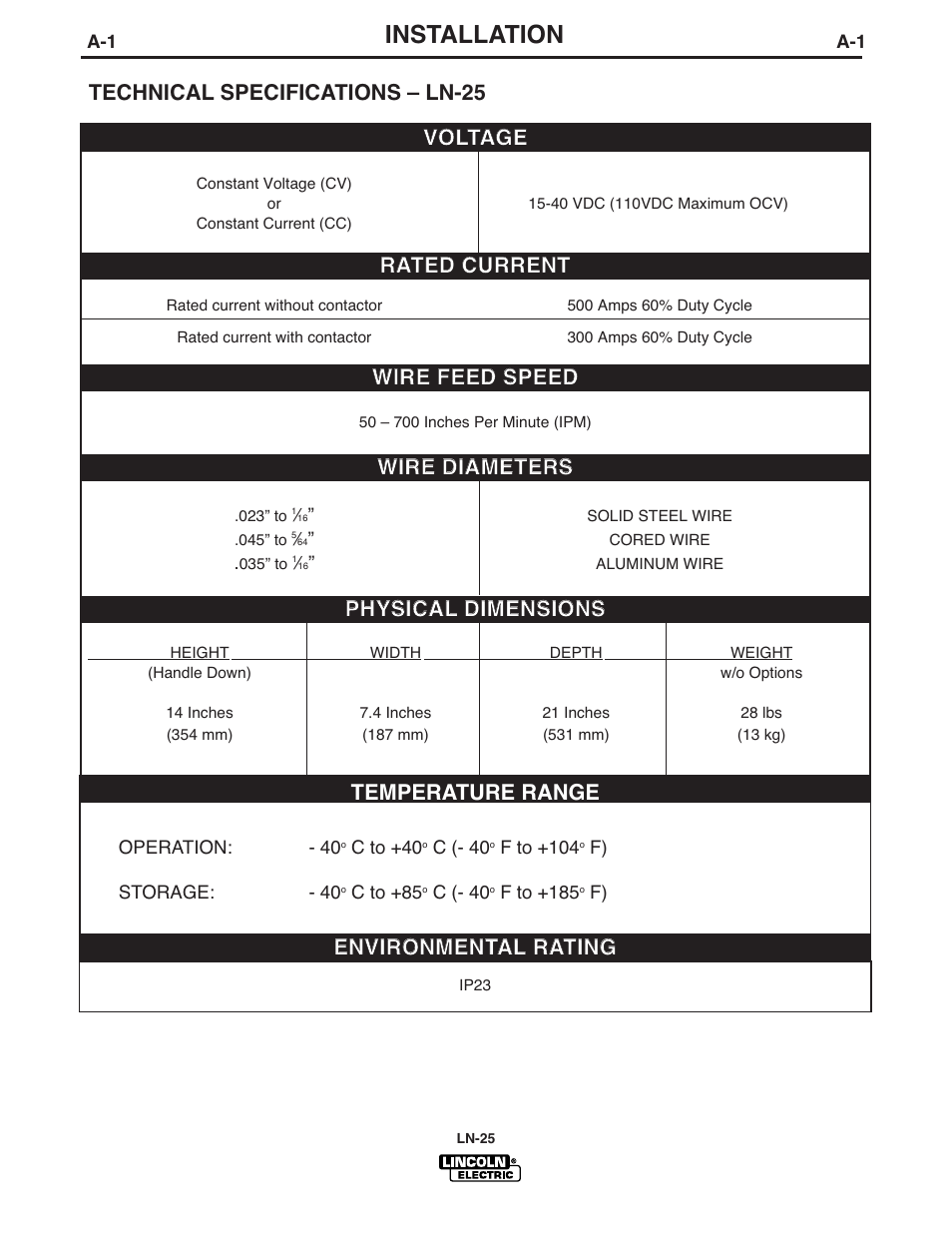 Installation, Temperature range, Technical specifications – ln-25 | Lincoln Electric IM923 RED-D-ARC LN-25 User Manual | Page 8 / 38