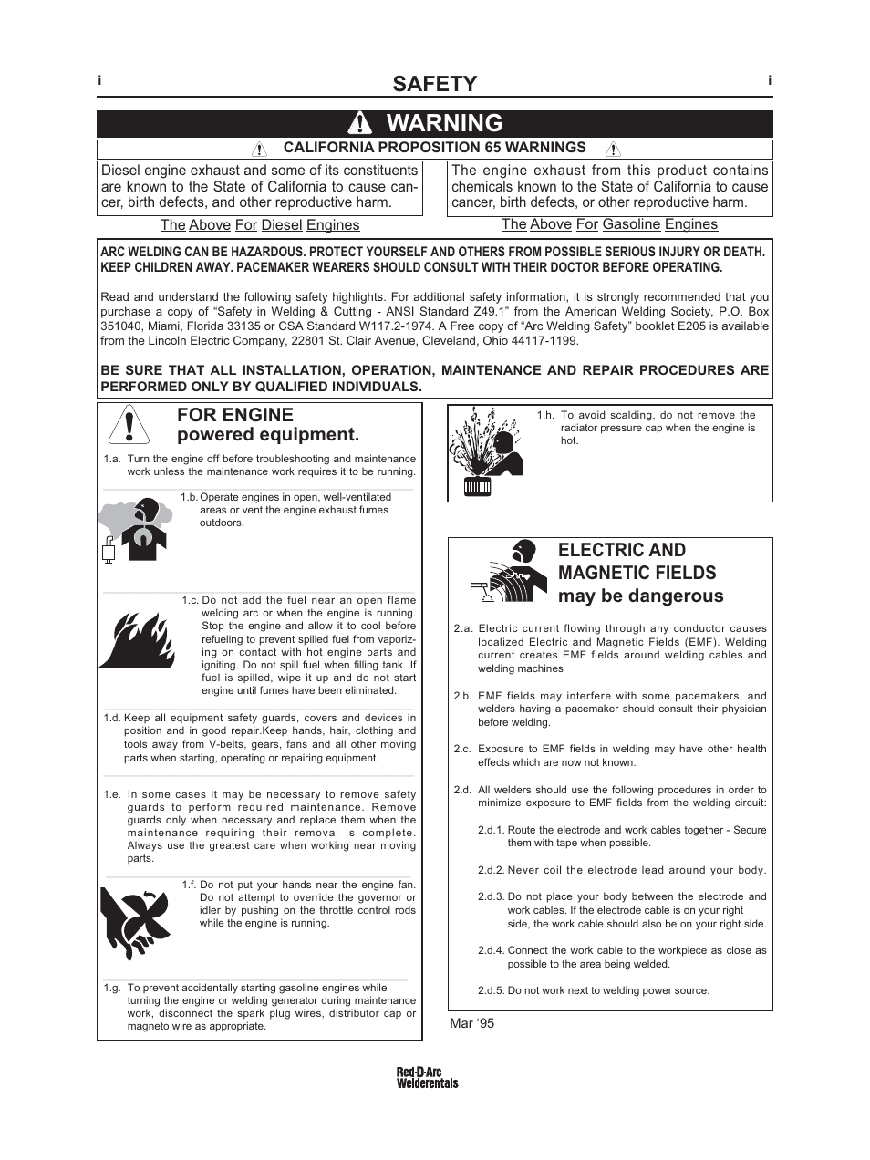 Warning, Safety, For engine powered equipment | Electric and magnetic fields may be dangerous | Lincoln Electric IM960 RED-D-ARC LN-25 PRO EXTREME User Manual | Page 2 / 39