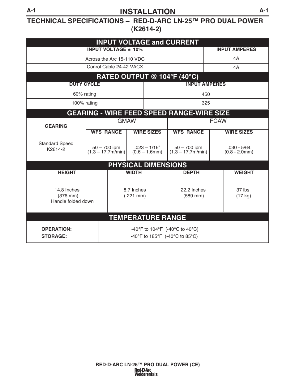 Installation, Temperature range, Physical dimensions | Gearing - wire feed speed range-wire size | Lincoln Electric IM994 RED-D-ARC LN-25 PRO EXTREME (CE) User Manual | Page 10 / 45