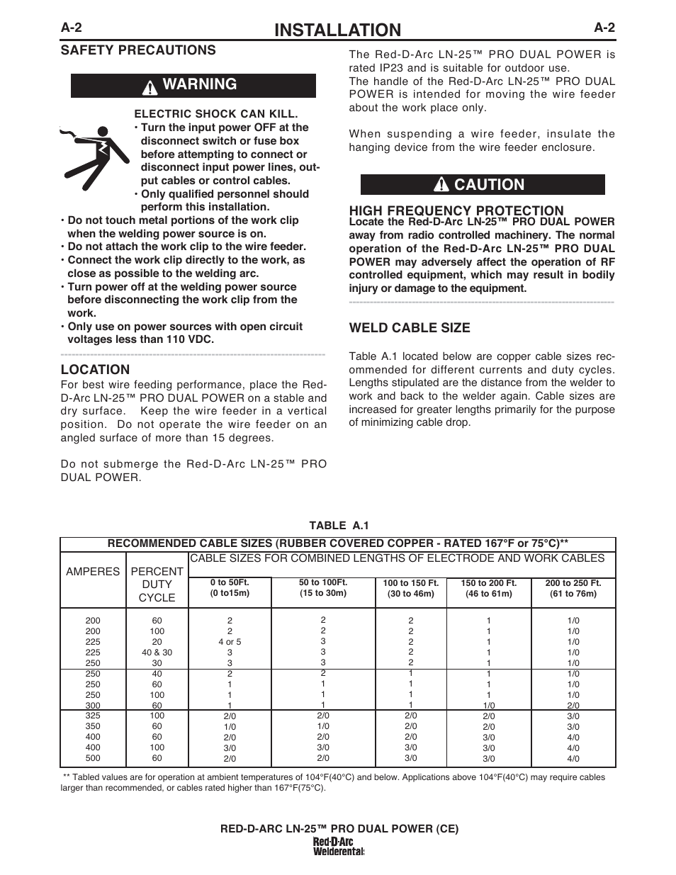 Installation, Warning caution, Weld cable size | A-2 safety precautions, Location, High frequency protection | Lincoln Electric IM994 RED-D-ARC LN-25 PRO EXTREME (CE) User Manual | Page 11 / 45