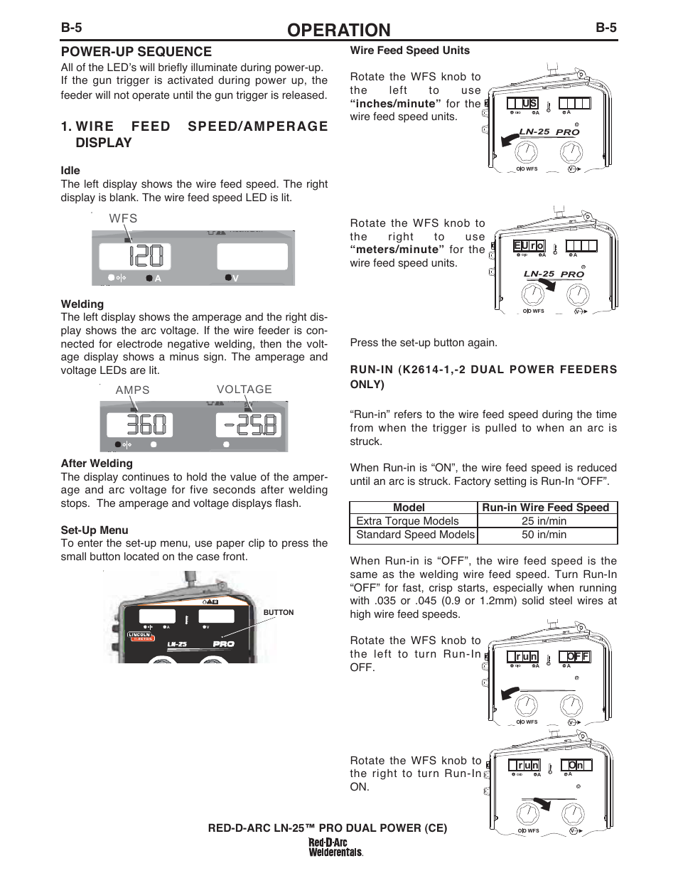 Operation, B-5 power-up sequence, Wire feed speed/amperage display | Amps voltage | Lincoln Electric IM994 RED-D-ARC LN-25 PRO EXTREME (CE) User Manual | Page 22 / 45