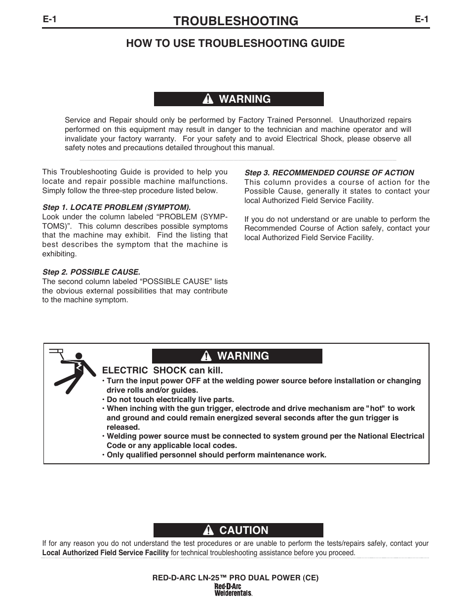 Troubleshooting, How to use troubleshooting guide warning, Warning | Caution | Lincoln Electric IM994 RED-D-ARC LN-25 PRO EXTREME (CE) User Manual | Page 37 / 45