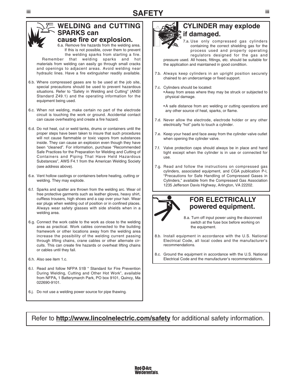 Safety, For electrically powered equipment, Cylinder may explode if damaged | Lincoln Electric IM994 RED-D-ARC LN-25 PRO EXTREME (CE) User Manual | Page 4 / 45