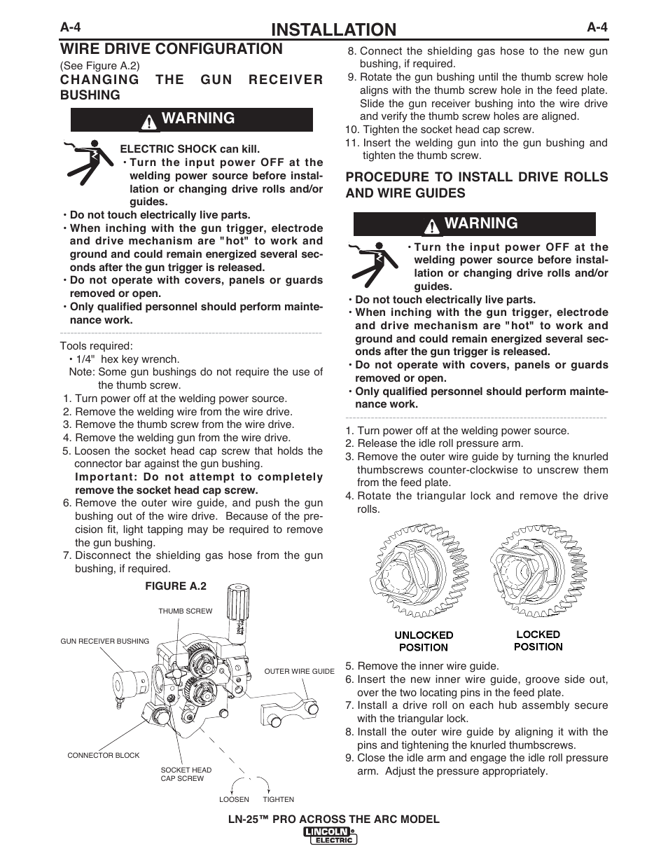 Installation, Wire drive configuration, Warning | Lincoln Electric IM901 LN-25 PRO User Manual | Page 11 / 44