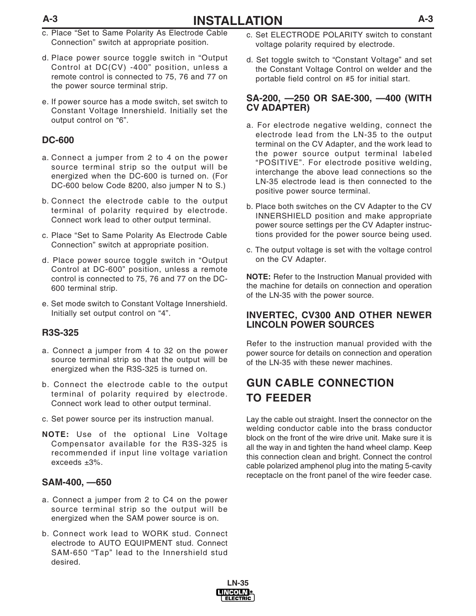 Installation, Gun cable connection to feeder | Lincoln Electric IM812 LN-35 CV_CC User Manual | Page 10 / 28