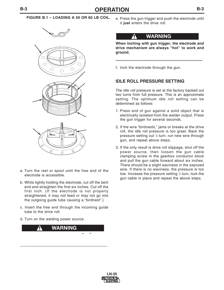 Operation, Warning | Lincoln Electric IM812 LN-35 CV_CC User Manual | Page 14 / 28