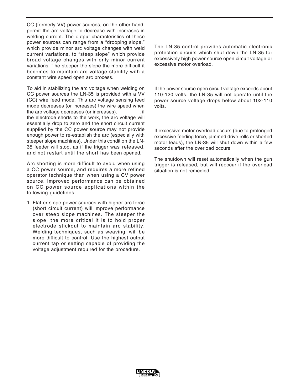 Operation, Automatic protection shutdown | Lincoln Electric IM812 LN-35 CV_CC User Manual | Page 18 / 28