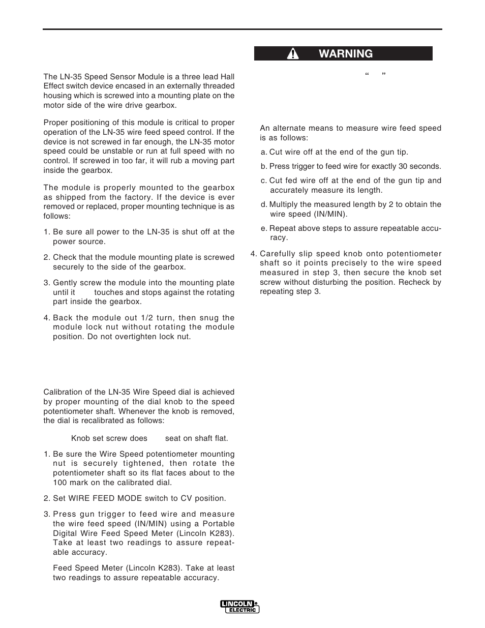 Maintenance, Adjusting speed sensor module, Calibration of ln-35 wire speed dial | Warning | Lincoln Electric IM812 LN-35 CV_CC User Manual | Page 20 / 28