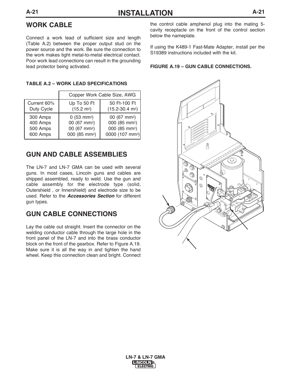 Installation, Work cable, Gun and cable assemblies | Gun cable connections, A-21 | Lincoln Electric IM351 LN-7 GMA Wire Feeder User Manual | Page 28 / 62