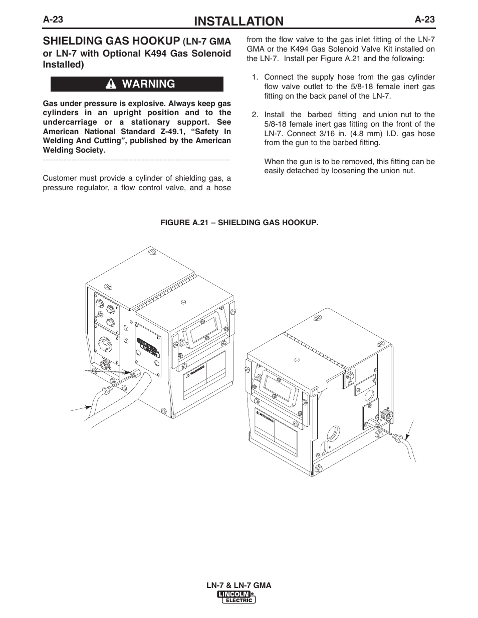 Installation, Shielding gas hookup, Warning | Lincoln Electric IM351 LN-7 GMA Wire Feeder User Manual | Page 30 / 62