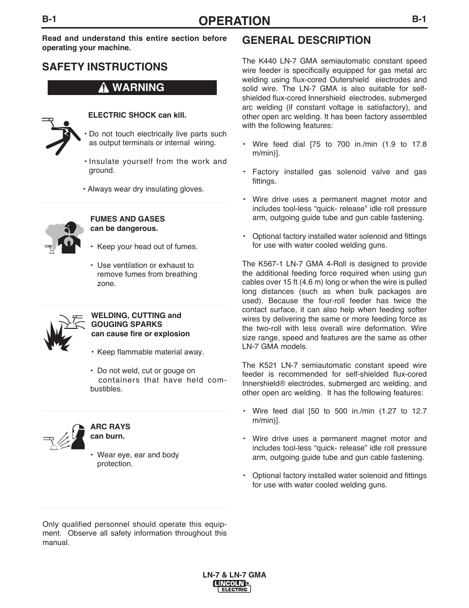 Operation, General description, Safety instructions | Warning | Lincoln Electric IM351 LN-7 GMA Wire Feeder User Manual | Page 31 / 62