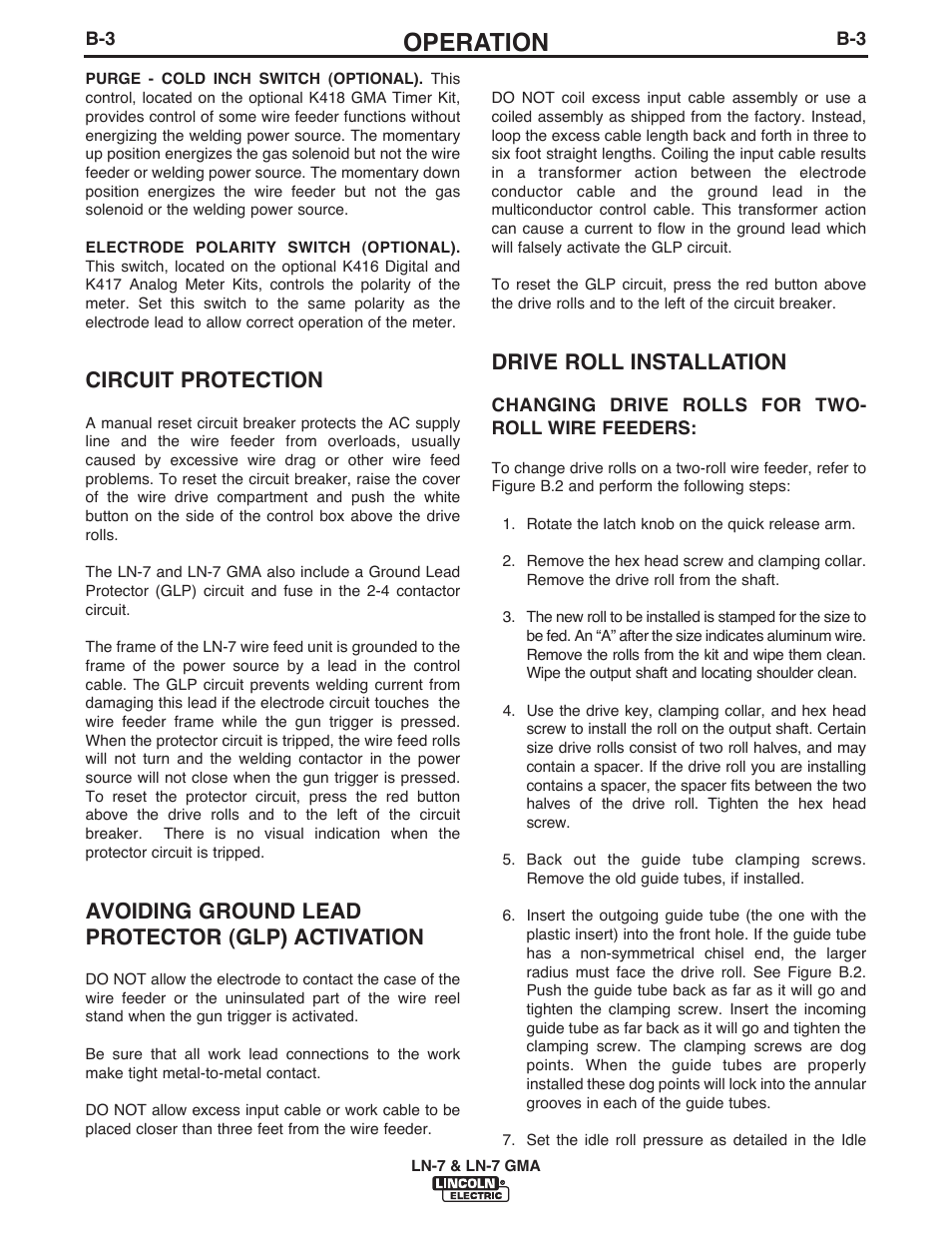 Operation, Circuit protection, Avoiding ground lead protector (glp) activation | Drive roll installation | Lincoln Electric IM351 LN-7 GMA Wire Feeder User Manual | Page 33 / 62