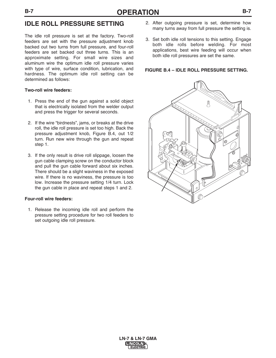 Operation, Idle roll pressure setting | Lincoln Electric IM351 LN-7 GMA Wire Feeder User Manual | Page 37 / 62