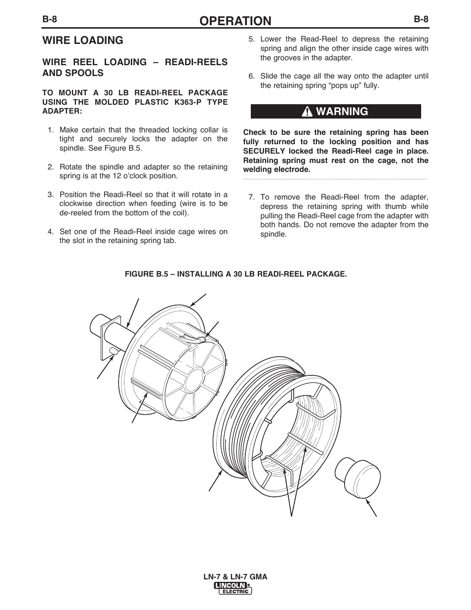 Operation, Wire loading, Warning | Lincoln Electric IM351 LN-7 GMA Wire Feeder User Manual | Page 38 / 62