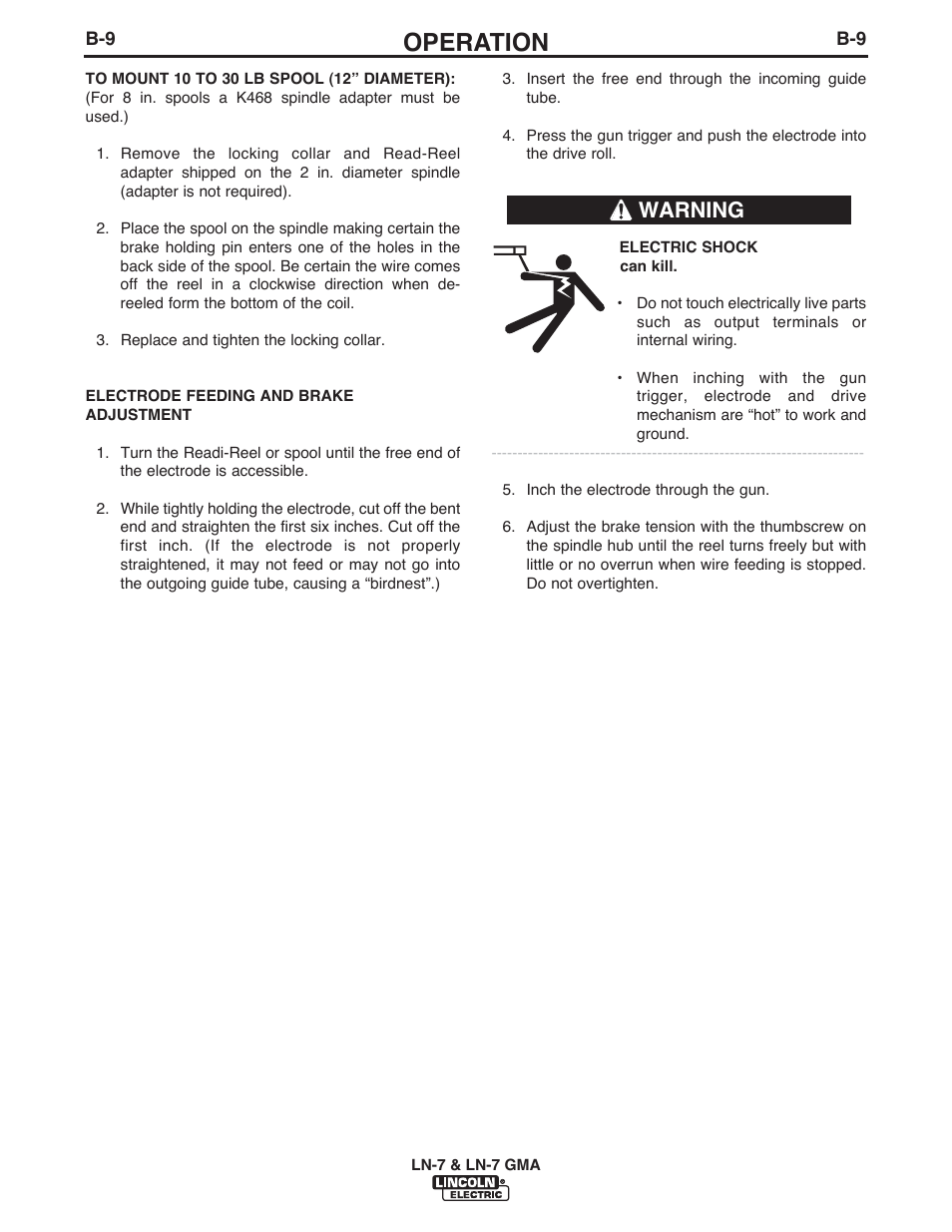 Operation, Warning | Lincoln Electric IM351 LN-7 GMA Wire Feeder User Manual | Page 39 / 62