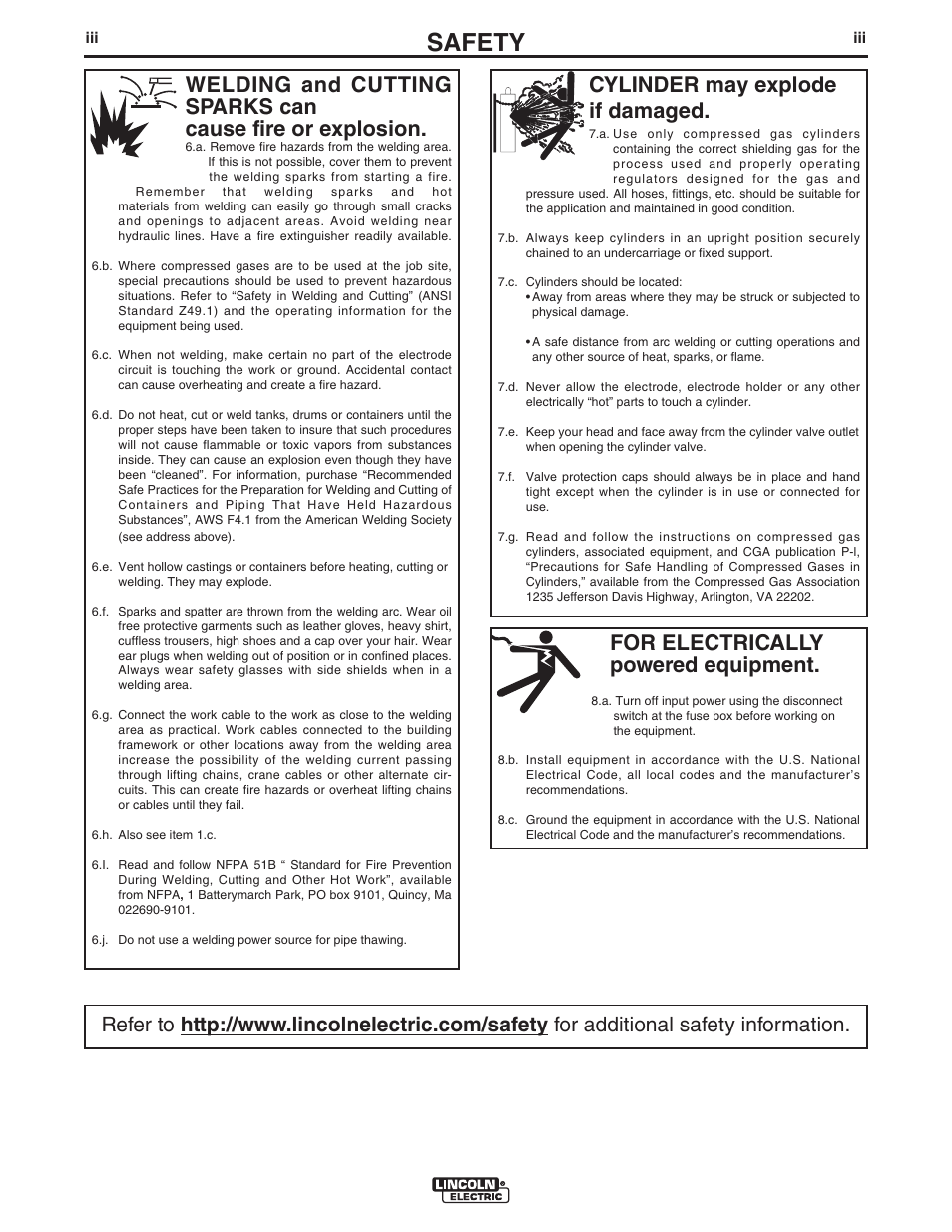 Safety, For electrically powered equipment, Cylinder may explode if damaged | Lincoln Electric IM351 LN-7 GMA Wire Feeder User Manual | Page 4 / 62