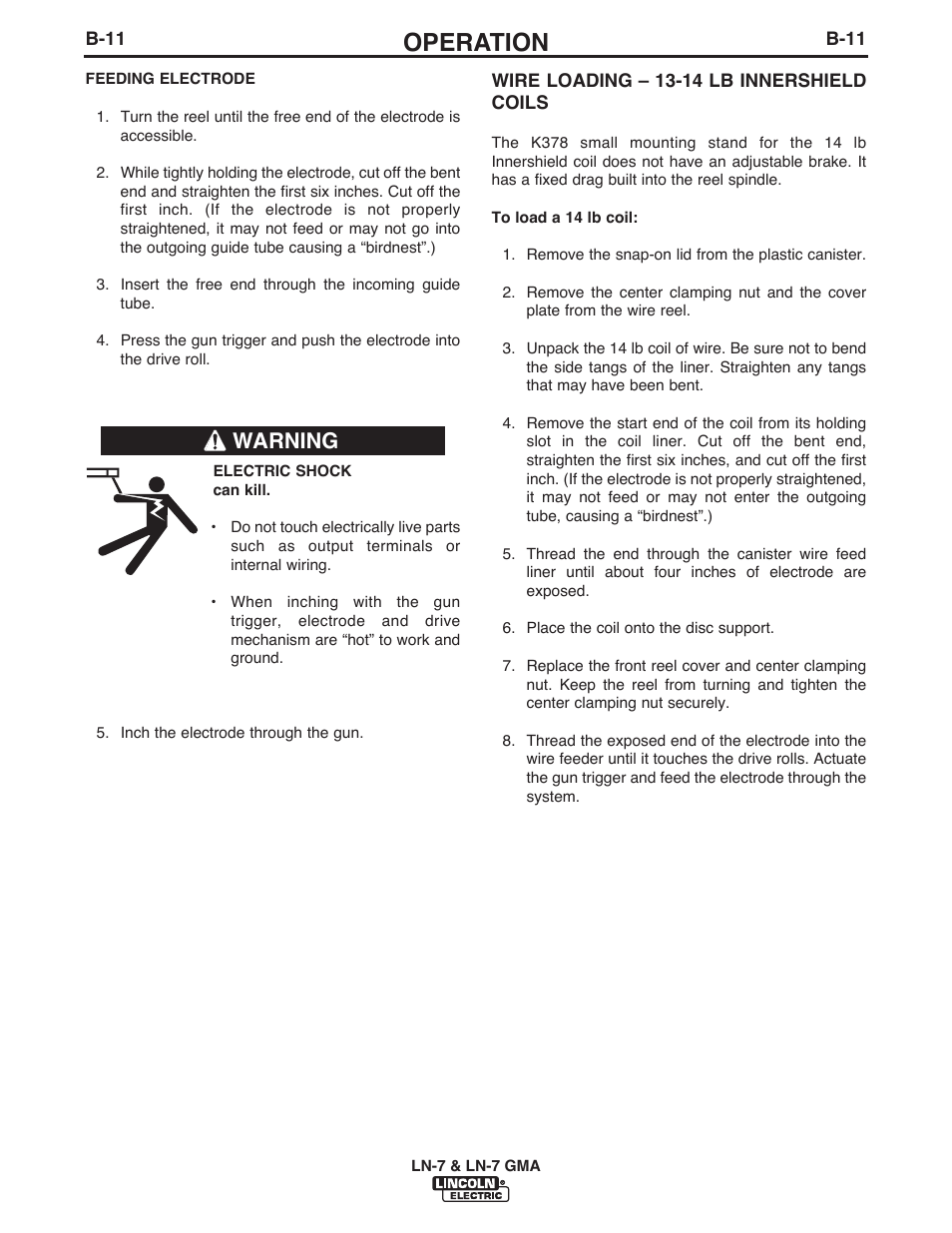 Operation, Warning | Lincoln Electric IM351 LN-7 GMA Wire Feeder User Manual | Page 41 / 62