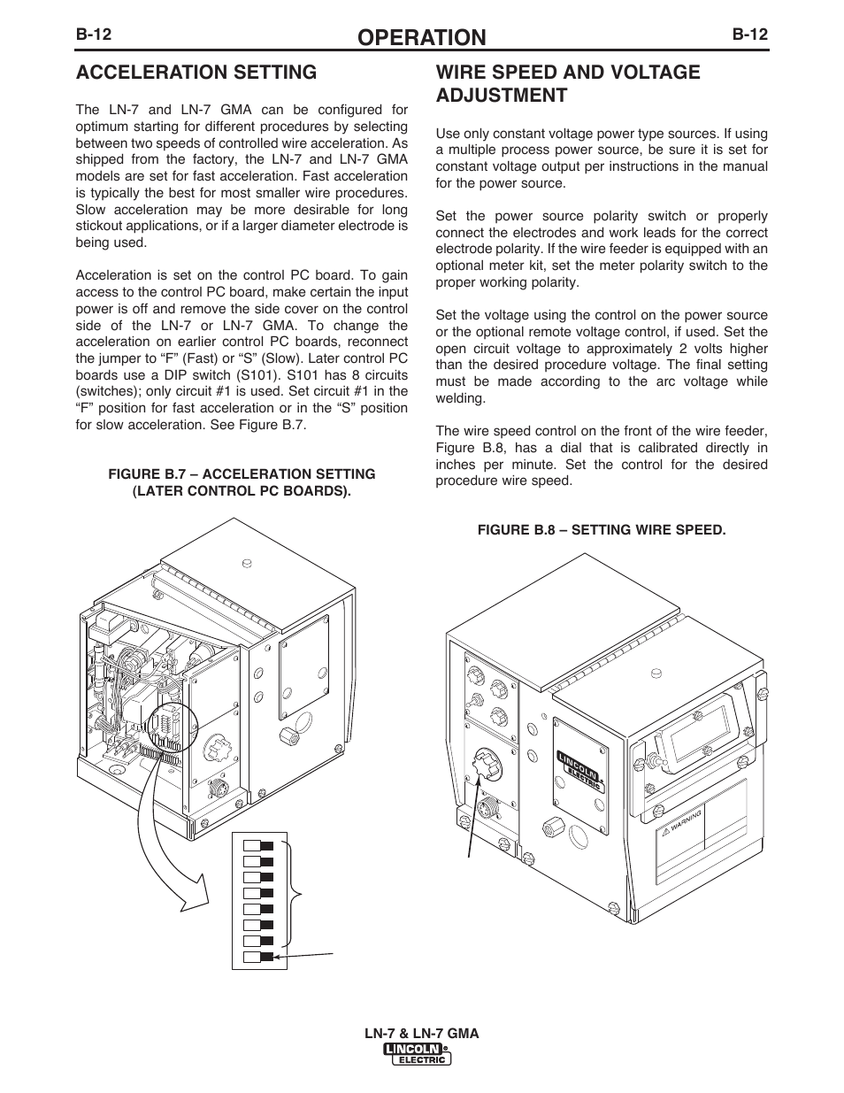 Operation, Acceleration setting, Wire speed and voltage adjustment | Lincoln Electric IM351 LN-7 GMA Wire Feeder User Manual | Page 42 / 62