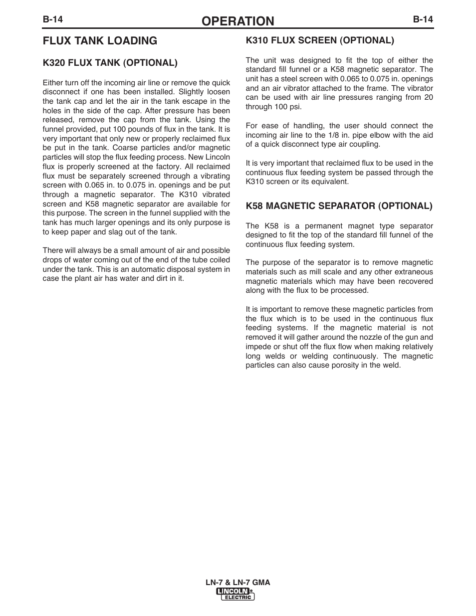 Operation, Flux tank loading | Lincoln Electric IM351 LN-7 GMA Wire Feeder User Manual | Page 44 / 62