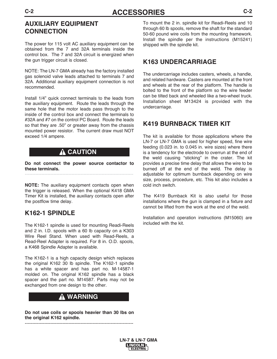 Accessories, Auxiliary equipment connection, K162-1 spindle | K163 undercarriage, K419 burnback timer kit, Warning caution | Lincoln Electric IM351 LN-7 GMA Wire Feeder User Manual | Page 46 / 62